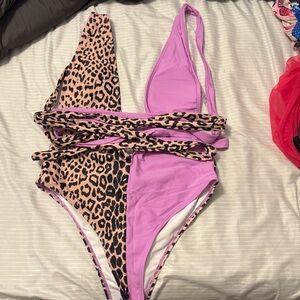 Pink and Leopard Print One-Piece Swimsuit